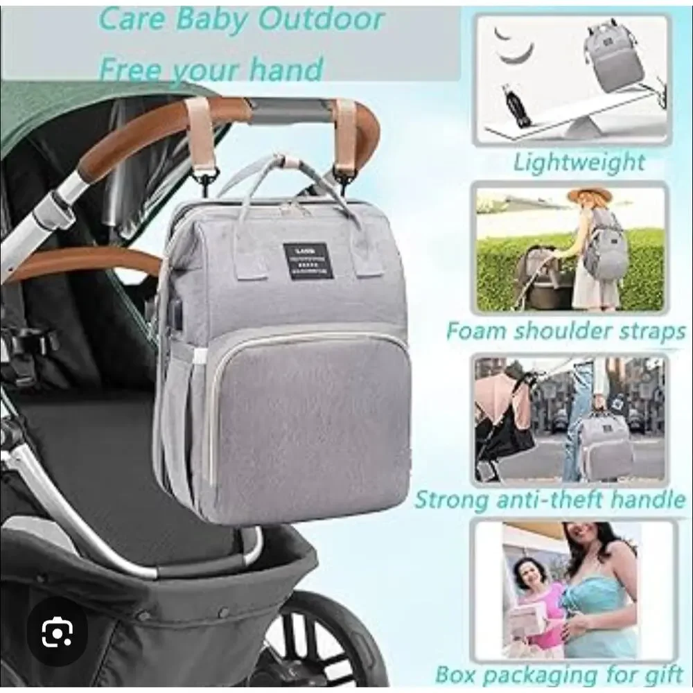 Land Travel Diaper Bag Backpack with USB & Fold-out Bassinet